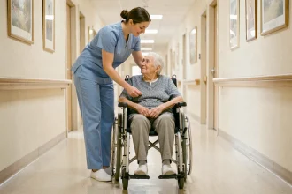 Aide soignante en EHPAD aidant une résidente en fauteuil roulant dans un couloir de maison de retraite médicalisée