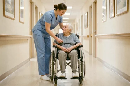 Aide soignante en EHPAD aidant une résidente en fauteuil roulant dans un couloir de maison de retraite médicalisée