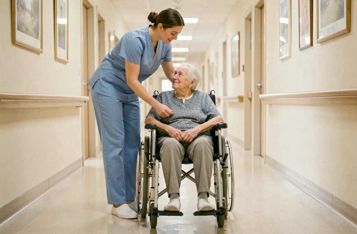 Aide soignante en EHPAD aidant une résidente en fauteuil roulant dans un couloir de maison de retraite médicalisée