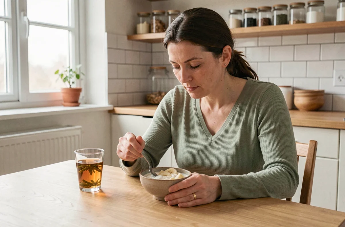 Femme en convalescence mangeant un repas léger et équilibré à la maison après une ablation de la trompe, atmosphère douce et rassurante