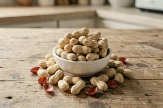 Bol de cacahuètes crues non salées posé sur une table en bois rustique, idéal pour illustrer les bienfaits des cacahuètes dans un régime minceur