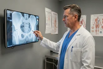 Chirurgien orthopédiste examinant une radiographie du bassin en salle de consultation hospitalière