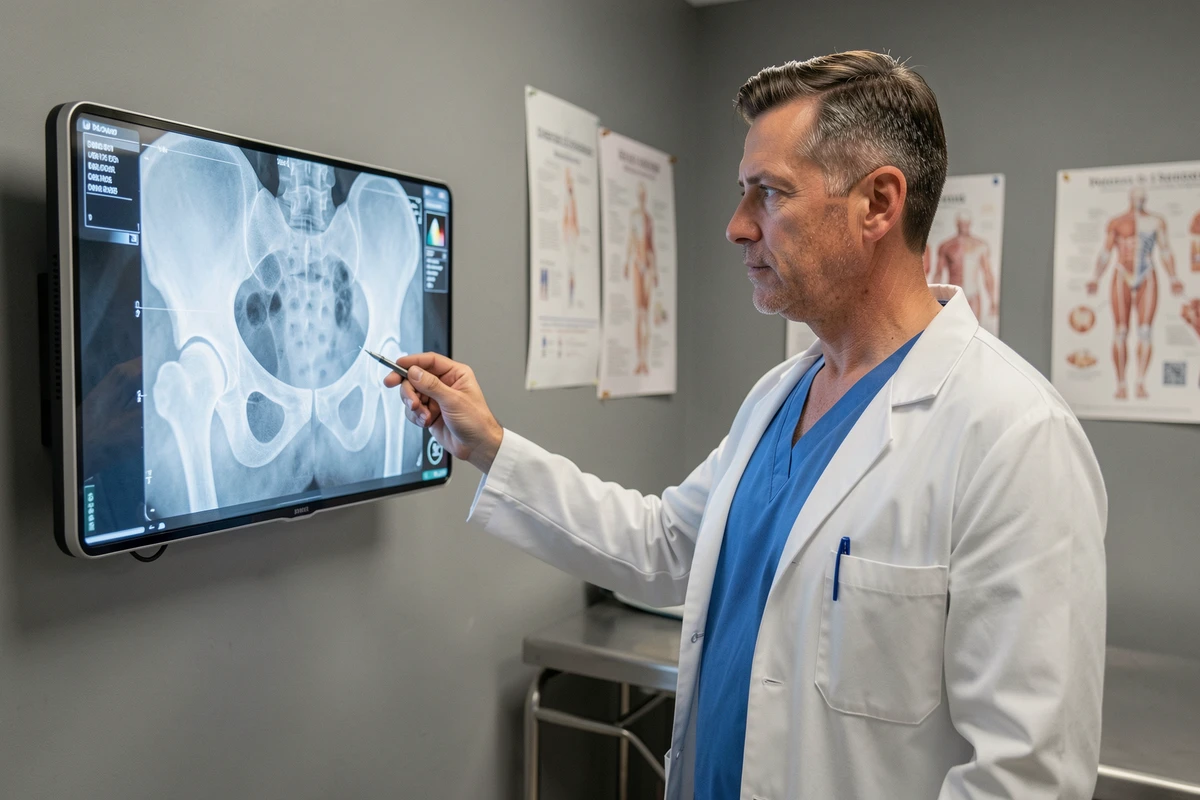 Chirurgien orthopédiste examinant une radiographie du bassin en salle de consultation hospitalière
