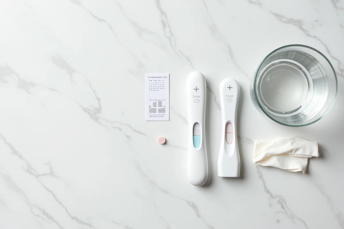 Vue à plat de deux tests de grossesse côte à côte, un test bandelette et un test digital, sur un plan en marbre blanc dans une salle de bain