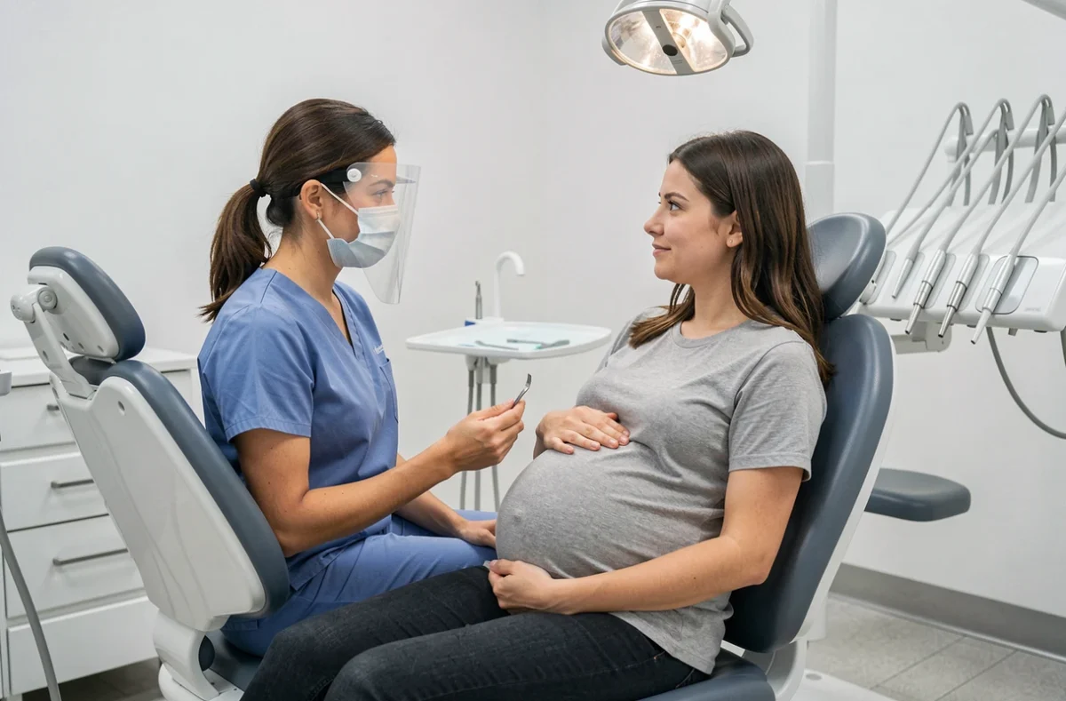 Dentiste examinant une patiente enceinte pour une douleur aux dents de sagesse dans un cabinet dentaire moderne