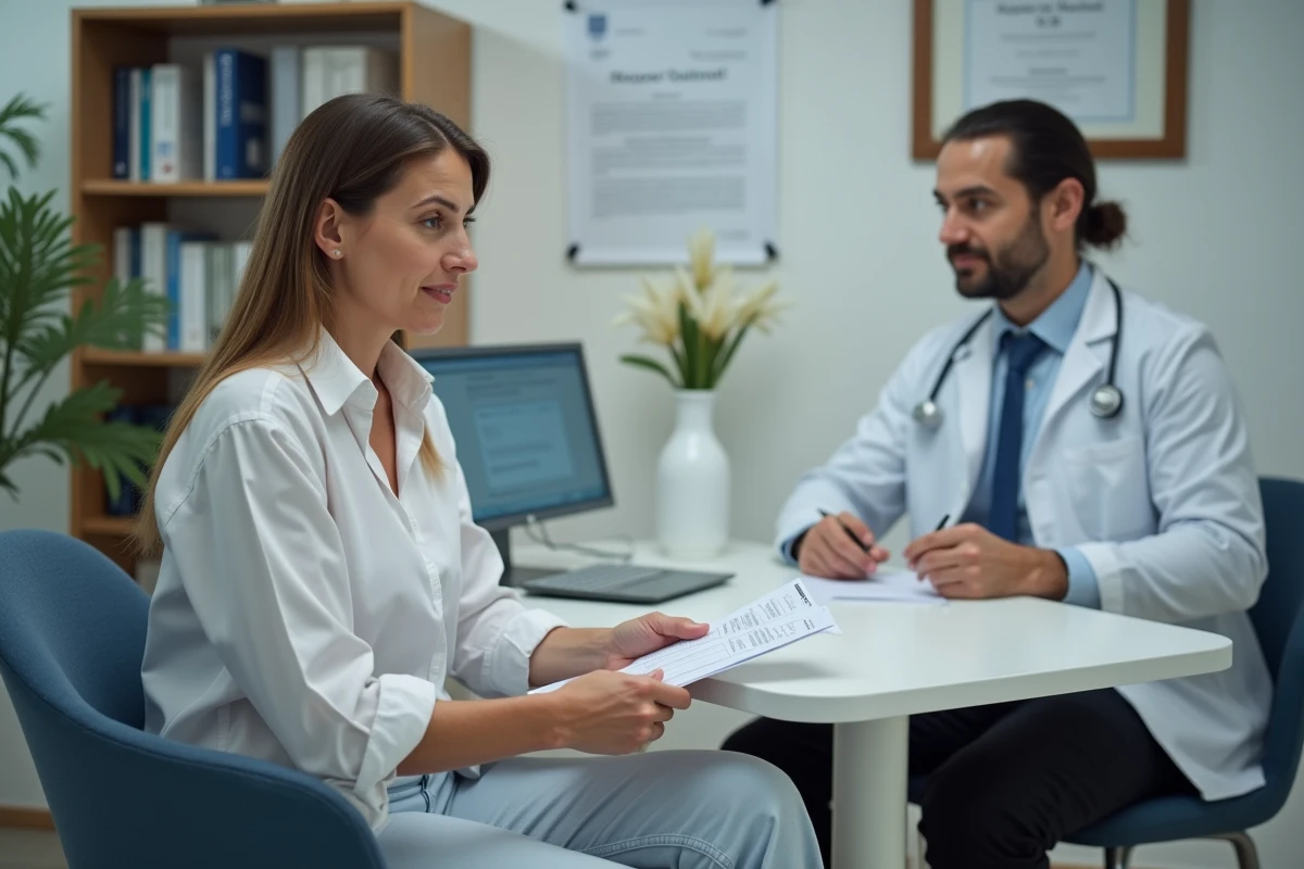 Patiente en consultation médicale discutant de son aptitude au travail après un accident avec son médecin généraliste