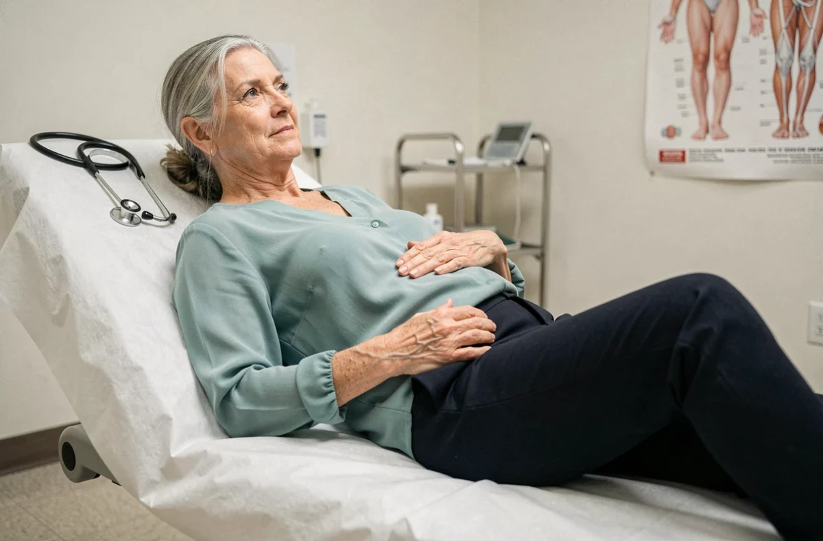 Femme d'âge mûr allongée sur une table d'examen médical avec douleur sous les côtes droites, lors d'une consultation chez le médecin