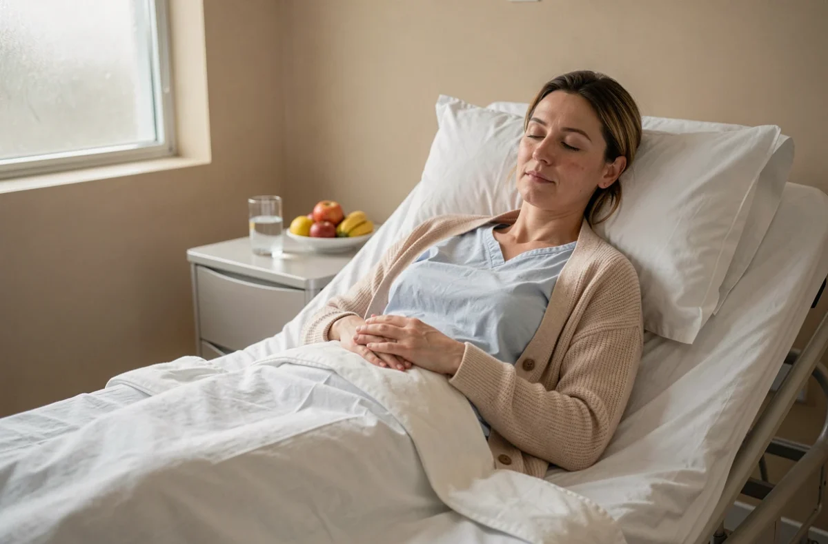Femme en convalescence allongée dans une chambre d'hôpital après une opération gynécologique, expression apaisée, environnement médical propre et serein