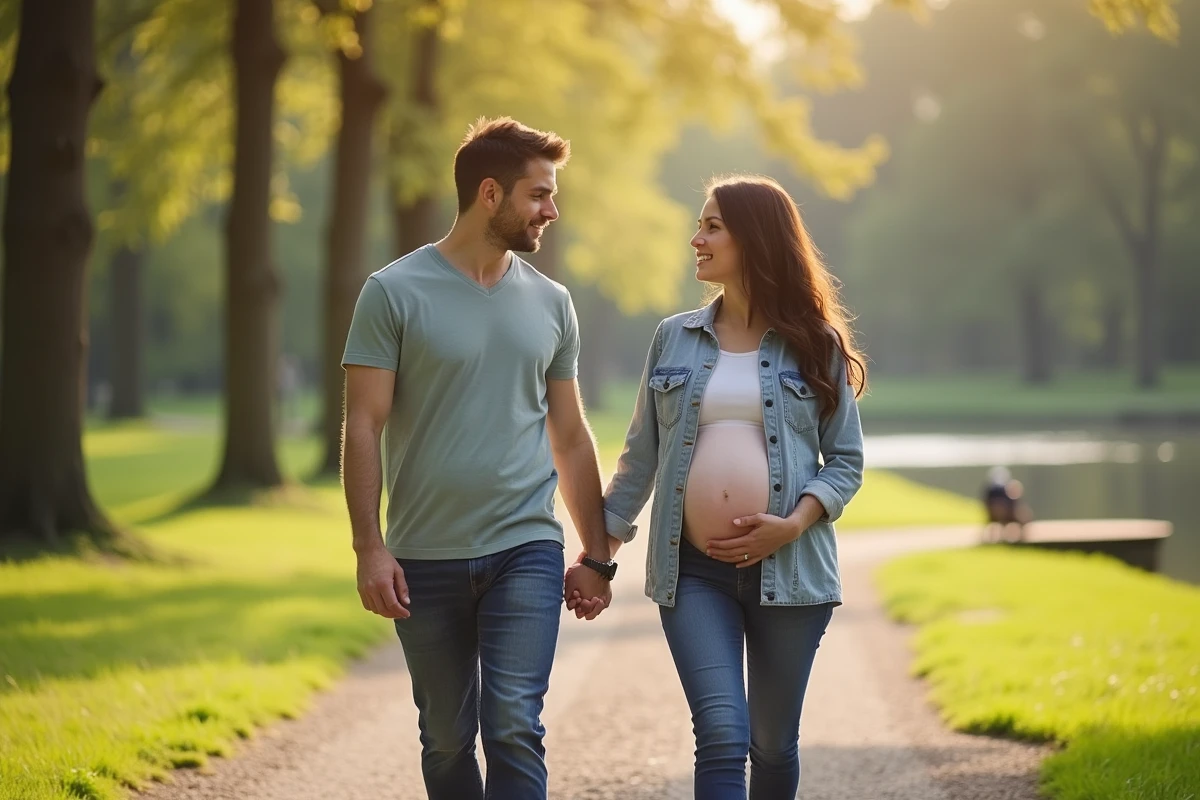 Couple marchant dans un parc avec femme enceinte