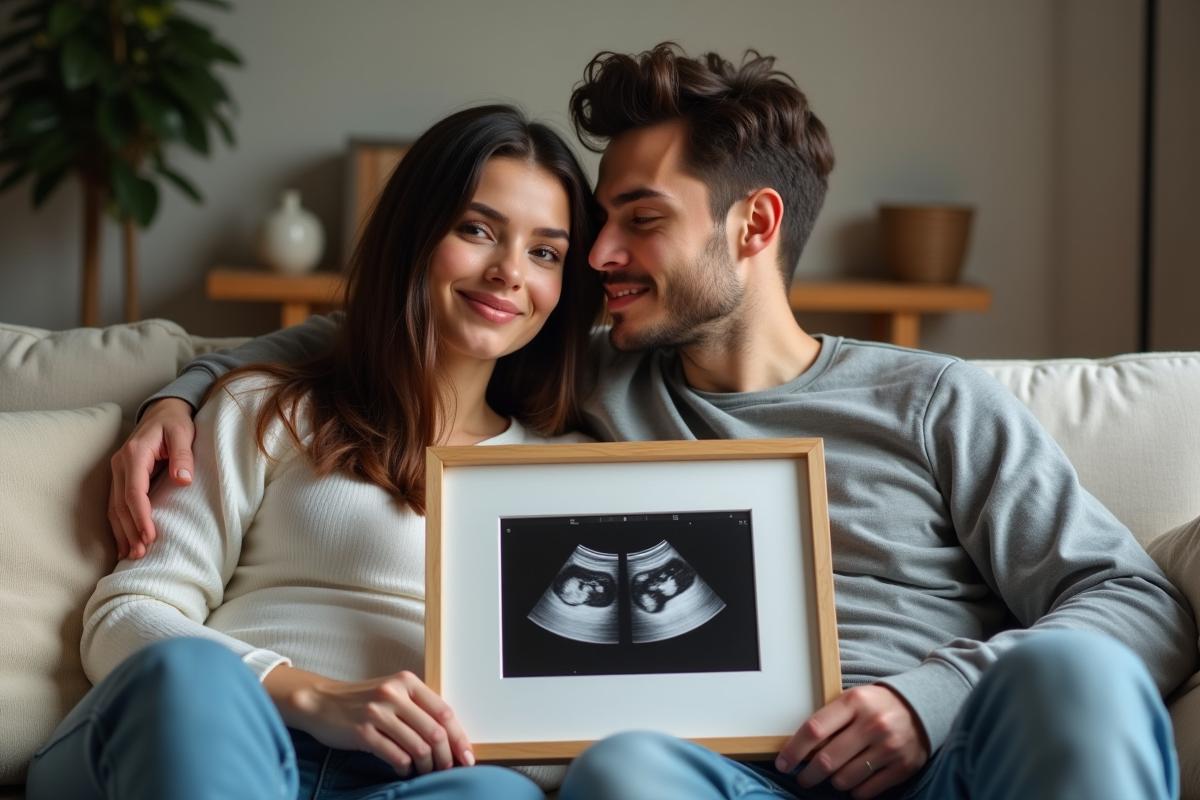 Jeune couple regardant l'échographie de leurs jumeaux