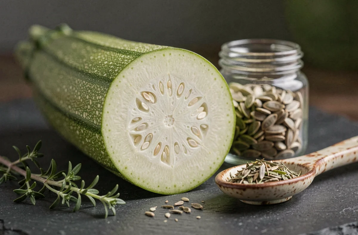 Gros plan d'une courgette coupée en deux sur une ardoise sombre, révélant la texture intérieure et les graines, entourée de thym frais