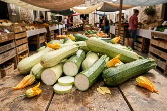 Courgettes fraîches de différentes tailles sur un étal de marché en bois, certaines coupées en deux pour révéler leur chair pâle