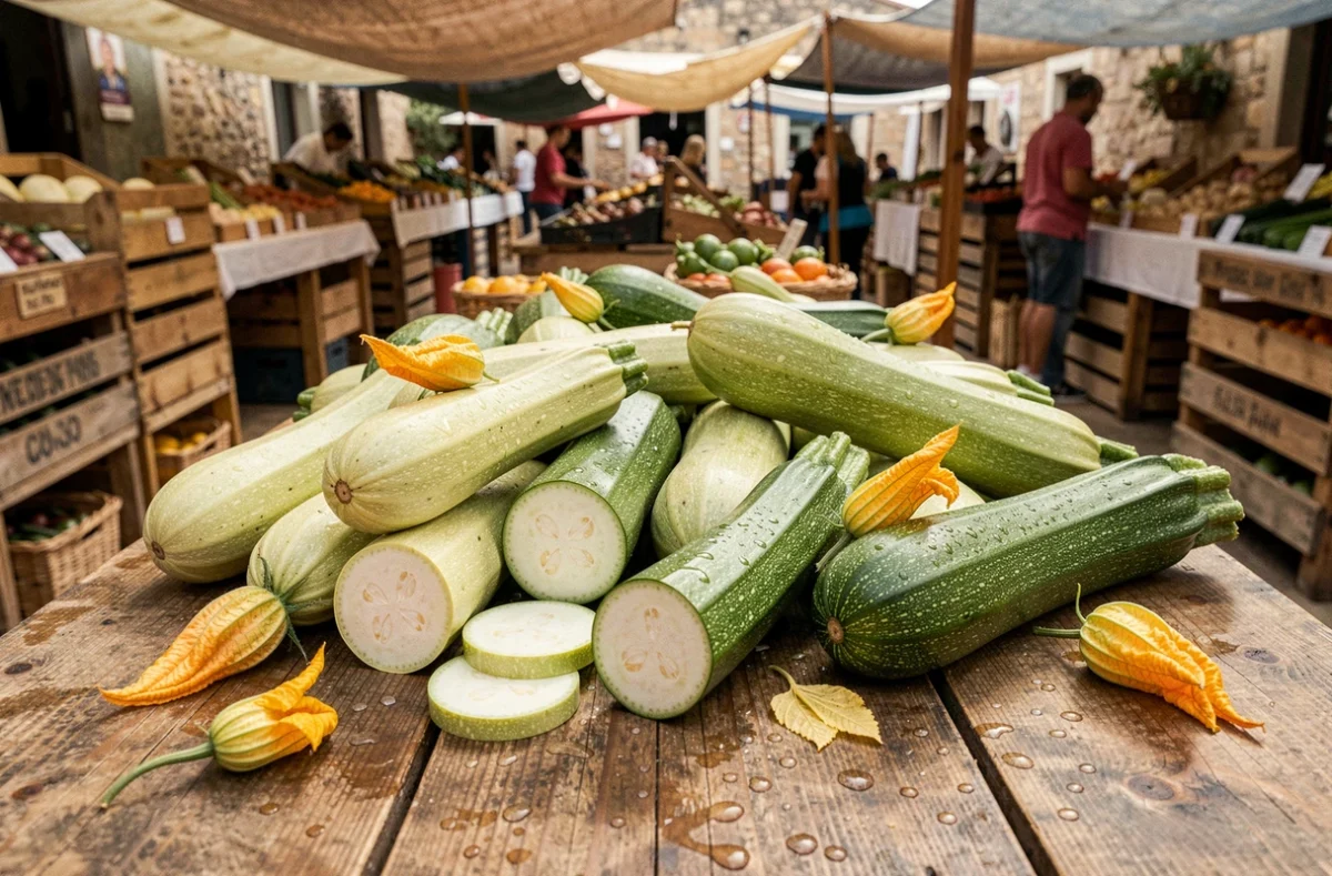 Courgettes fraîches de différentes tailles sur un étal de marché en bois, certaines coupées en deux pour révéler leur chair pâle
