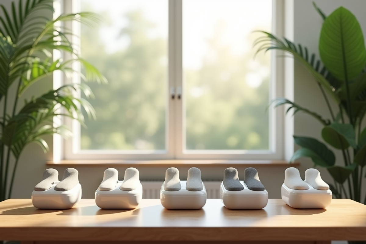 Cinq appareils de massage pour les pieds sur une table en bois
