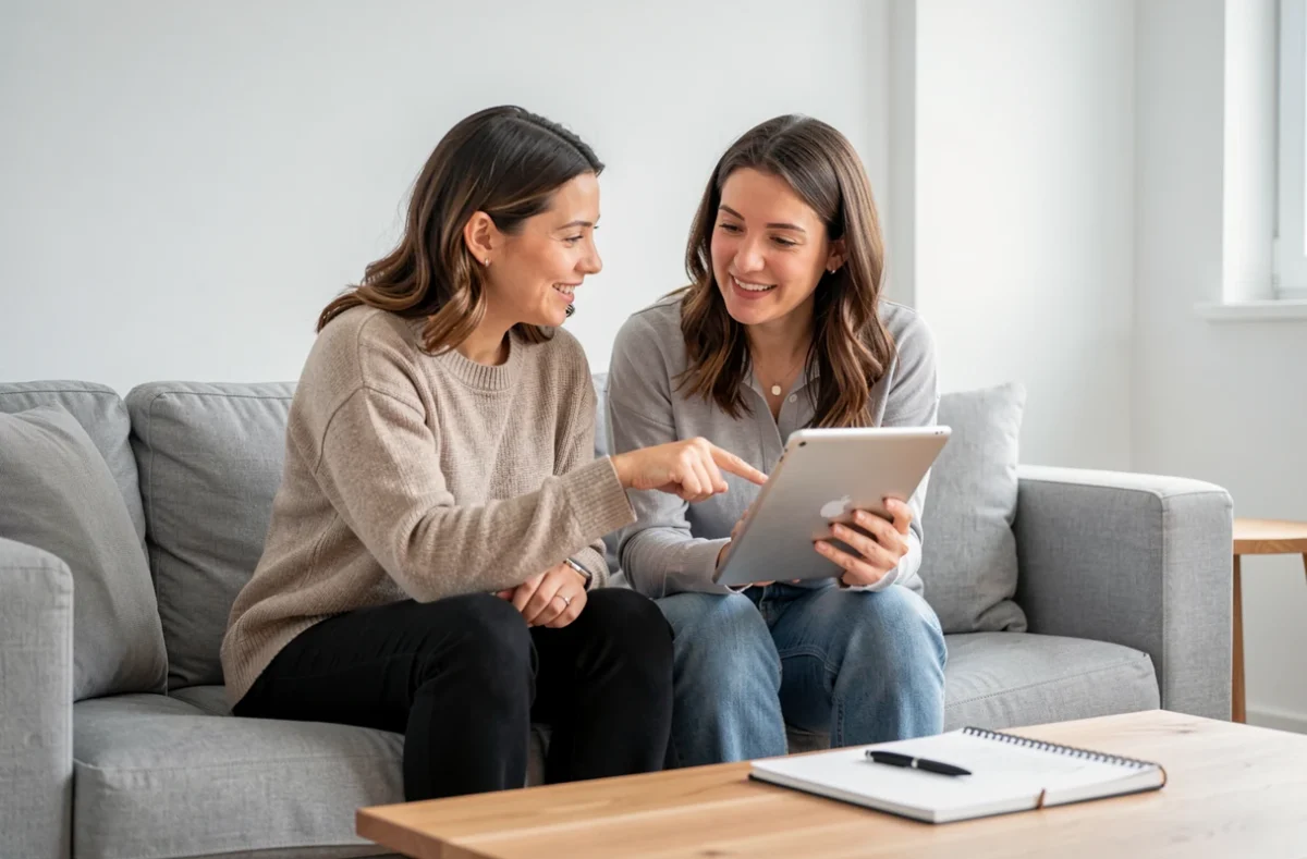 Deux femmes discutant des options de prix et d'accompagnement d'un programme Reborn21 sur une tablette