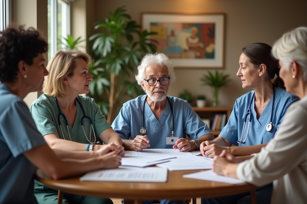 Groupe de soignants discutant autour d une table dans un salon hospice