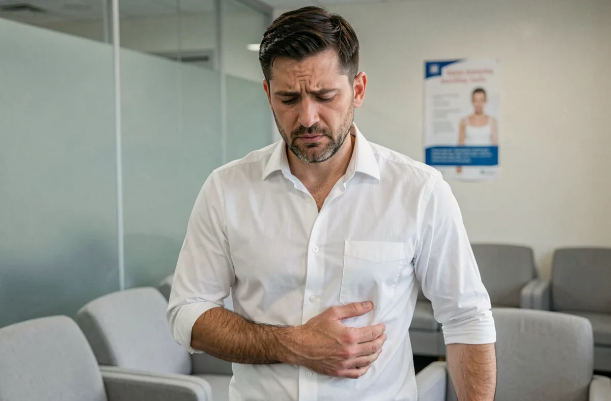 Homme en salle d'attente médicale tenant son côté droit sous les côtes, symbolisant une consultation pour douleur abdominale
