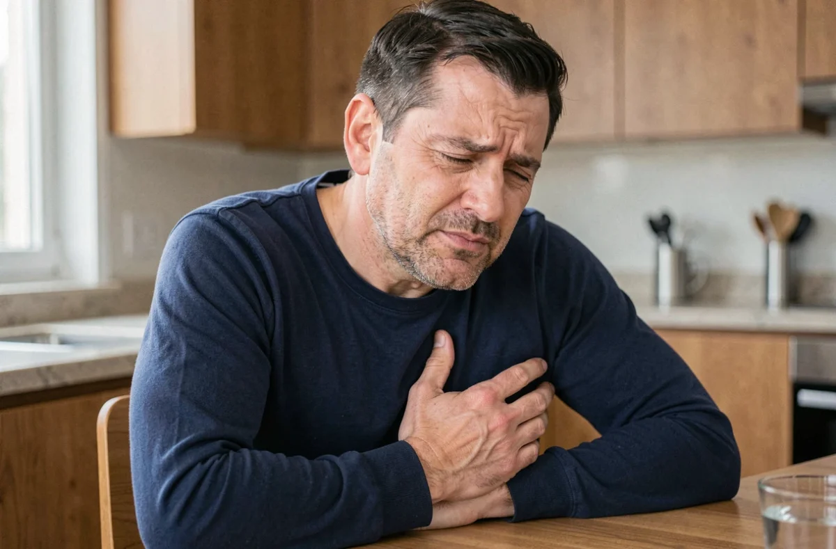 Homme ressentant une douleur sous les côtes droites assis à la table de cuisine, tenant son flanc droit avec une expression de gêne