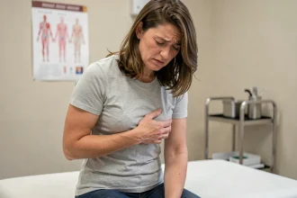 Femme appuyant sa main droite sous les côtes droites en consultation médicale, exprimant une douleur abdominale discrète
