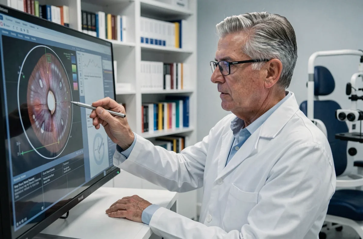 Ophtalmologue homme aux cheveux grisonnants analysant une image de fond d'œil sur un écran numérique en cabinet