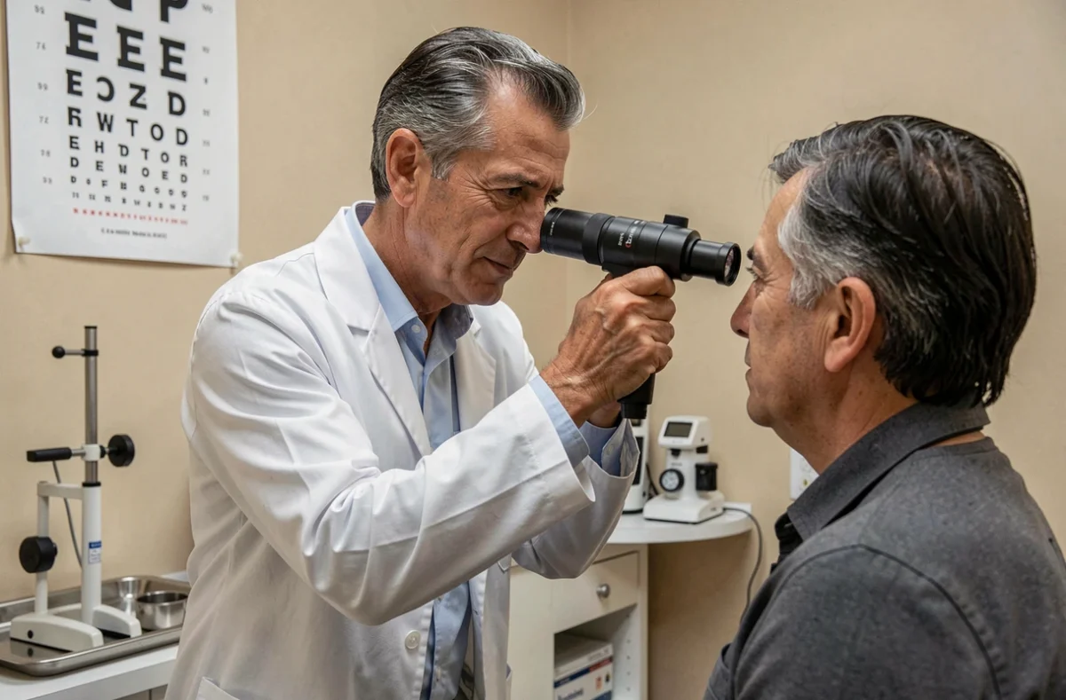 Ophtalmologue méditerranéen examinant l'œil d'un patient avec un ophtalmoscope dans un cabinet médical moderne