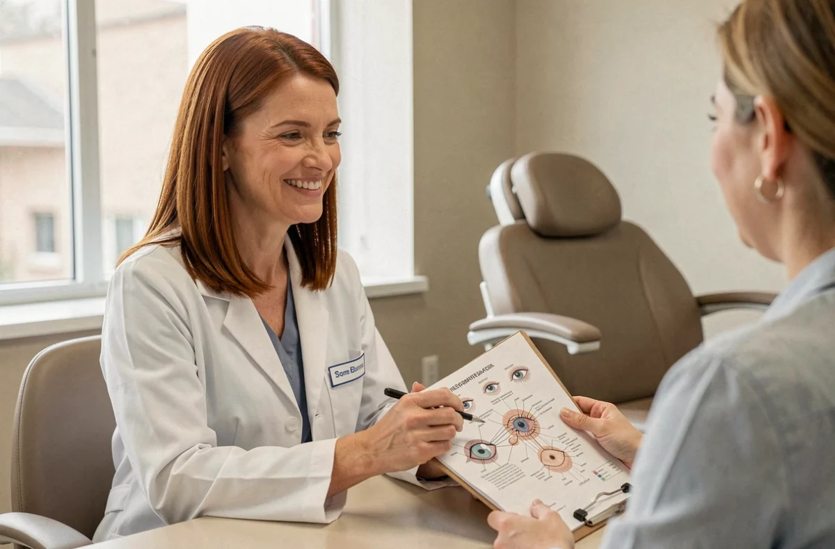Ophtalmologiste femme aux cheveux auburn expliquant un diagnostic à une patiente avec un schéma de l'œil