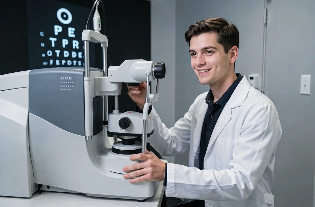 Jeune ophtalmologue réglant un autoréfracteur dans un couloir d'examen visuel moderne