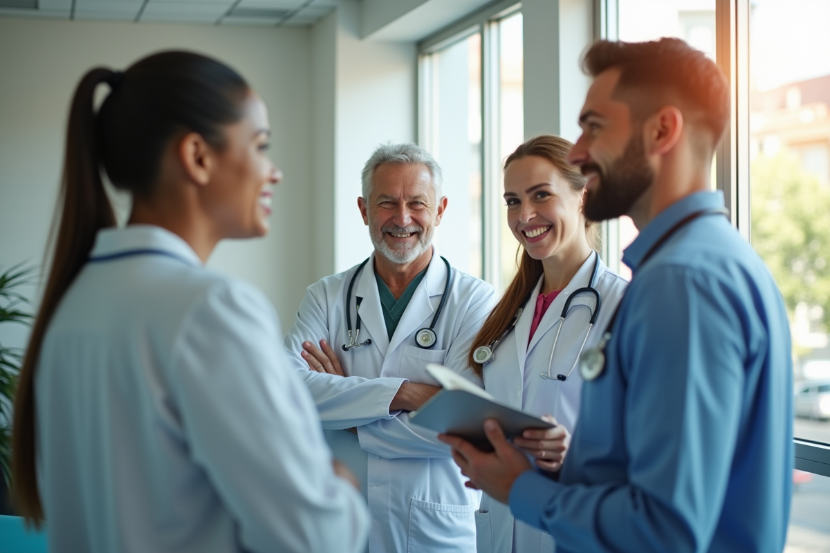 Groupe de professionnels de santé dans une salle d attente accueillante