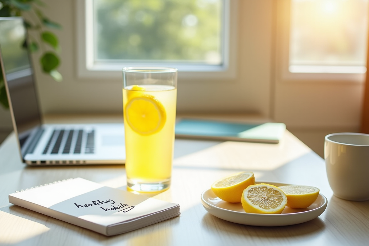Espace de travail moderne avec eau citronnée et fruits coupés