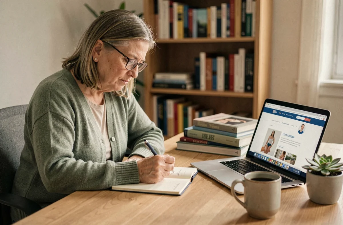 Femme mature prenant des notes sur des conseils santé en ligne dans un bureau à domicile
