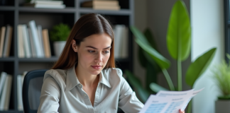Femme concentrée travaillant sur son ordinateur dans un bureau moderne