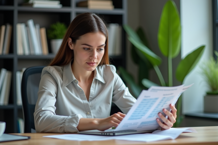 Femme concentrée travaillant sur son ordinateur dans un bureau moderne