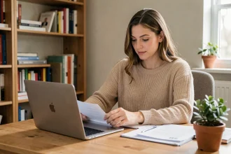 Femme consultant les tarifs d'un programme en ligne sur son ordinateur portable dans un bureau à domicile chaleureux