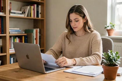 Femme consultant les tarifs d'un programme en ligne sur son ordinateur portable dans un bureau à domicile chaleureux