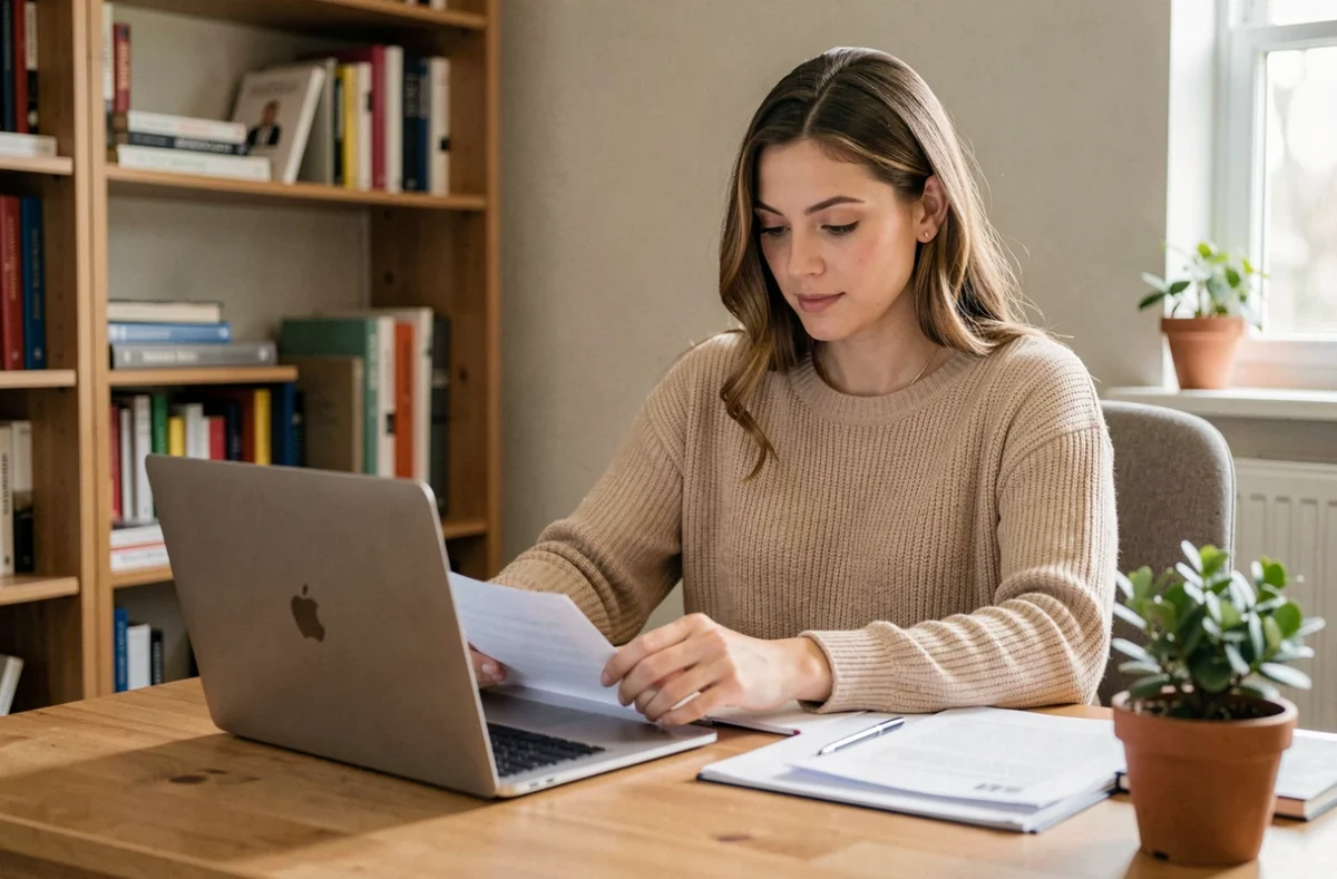 Femme consultant les tarifs d'un programme en ligne sur son ordinateur portable dans un bureau à domicile chaleureux
