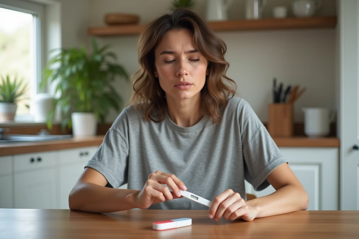 Femme comparant un test de grossesse digital et un test bandelette posés sur une table en bois dans une cuisine moderne