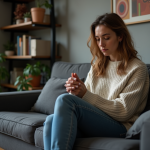 Femme pensive assise dans un salon cosy et lumineux