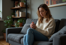 Femme pensive assise dans un salon cosy et lumineux