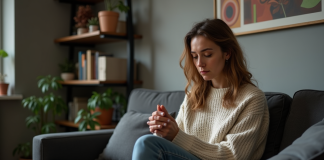 Femme pensive assise dans un salon cosy et lumineux