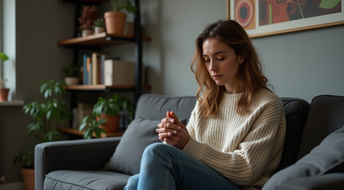 Femme pensive assise dans un salon cosy et lumineux