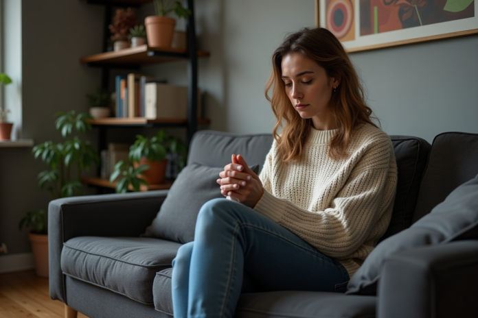 Femme pensive assise dans un salon cosy et lumineux