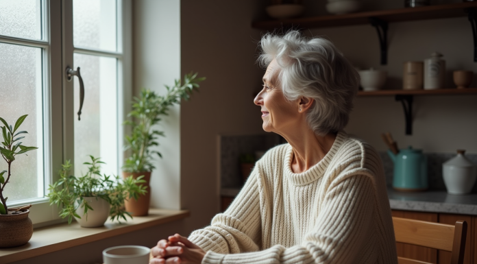 Syndrome de Raynaud: comment l’éviter et soulager les symptômes naturellement Femme d'âge moyen dans un pull en laine dans une cuisine chaleureuse