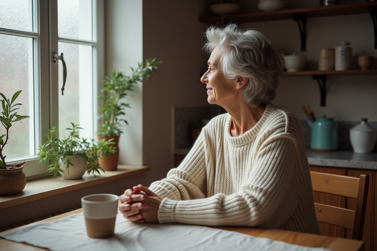 Femme d'âge moyen dans un pull en laine dans une cuisine chaleureuse