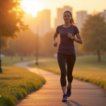Femme d'âge moyen courant dans un parc au lever du soleil