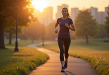 Sport matinal à jeun : quels exercices pratiquer pour bien commencer la journée ? Femme d'âge moyen courant dans un parc au lever du soleil