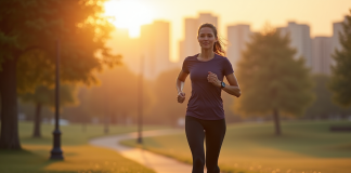 Sport matinal à jeun : quels exercices pratiquer pour bien commencer la journée ? Femme d'âge moyen courant dans un parc au lever du soleil