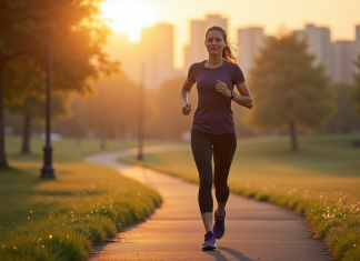 Femme d'âge moyen courant dans un parc au lever du soleil