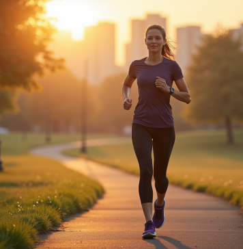 Sport matinal à jeun : quels exercices pratiquer pour bien commencer la journée ? Femme d'âge moyen courant dans un parc au lever du soleil