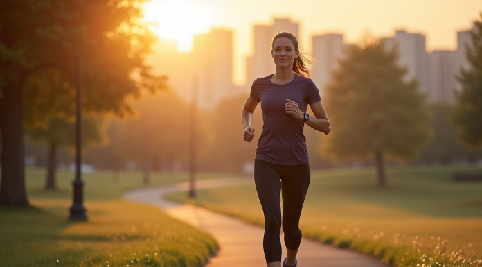 Femme d'âge moyen courant dans un parc au lever du soleil