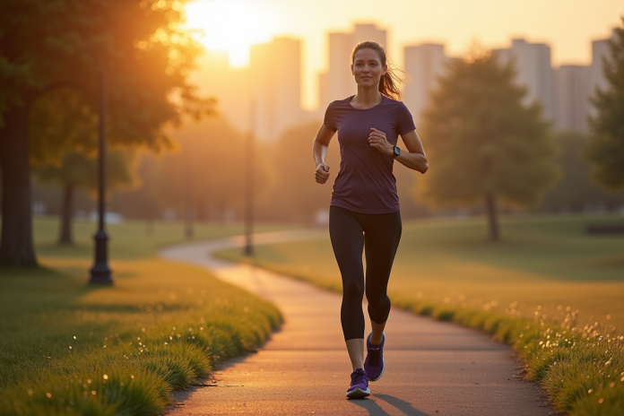 femme-course-parc-leve-sunrise Femme d'âge moyen courant dans un parc au lever du soleil